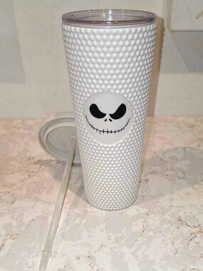 Jack Skellington Inspired White Studded Drink Tumbler 24 Oz W/Lid & Straw